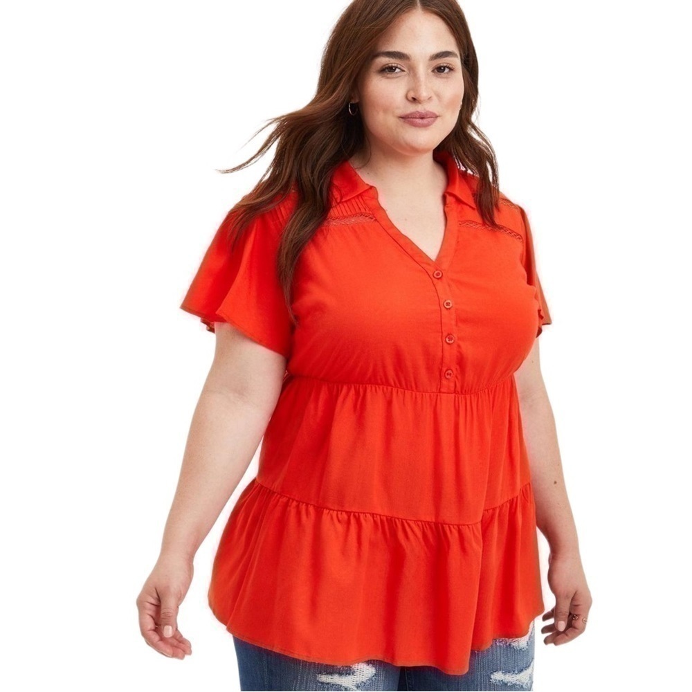 Torrid Orange Babydoll Textured Woven Crochet Inset Tunic Top Size 1X